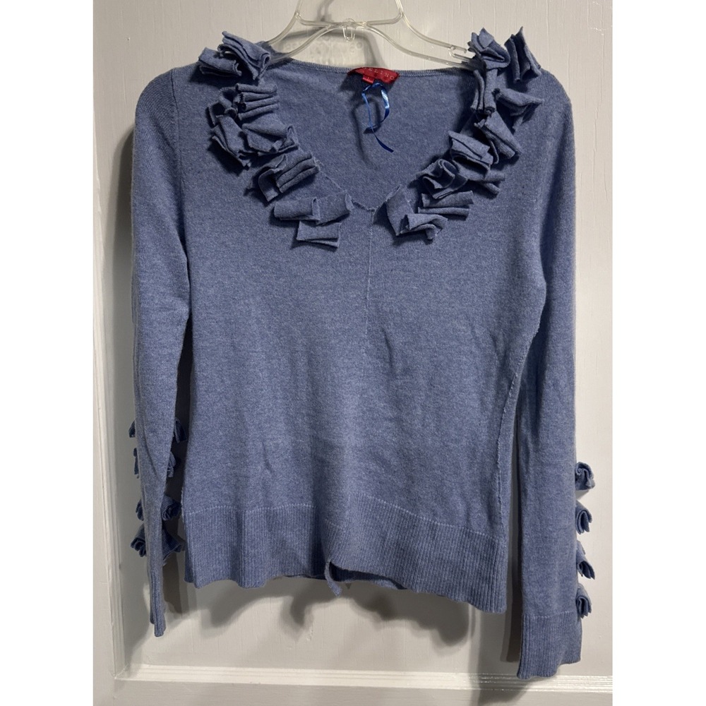 Angelino 100% Cashmere Ruffle Sweater Women's Sz  L Blue Luxury Asymmetrical